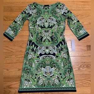 NWT LONDON TIMES Green & Blue Polyester 3/4 Sleeve Casual Stretchy Paisley Dress